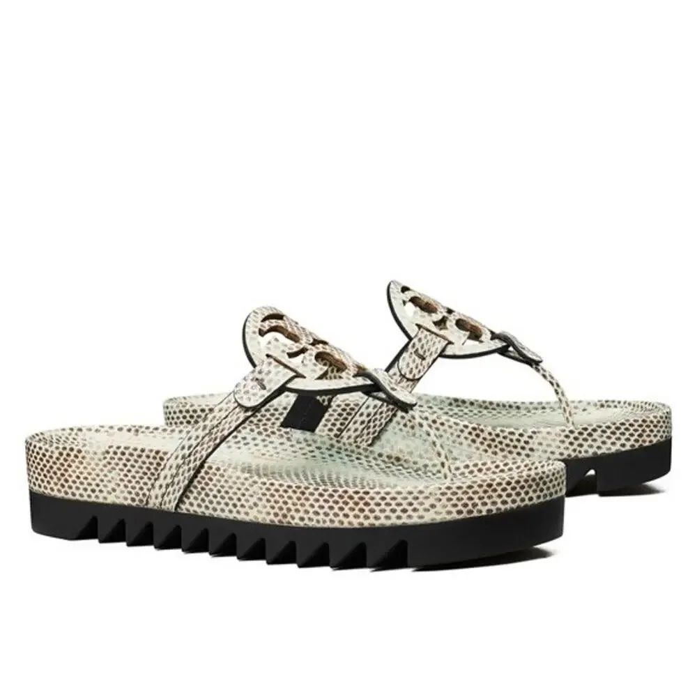 NEW Tory Burch Miller Cloud Lug Sandals Snake Print Leather Thong Slides US 9.5